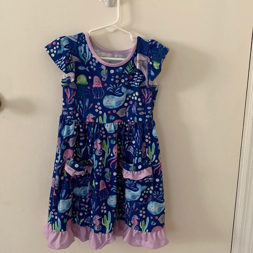 Millie loves Lily Dusty Navy Octopus Sea Patch-Pocket Angel-Sleeve ALine Dress.